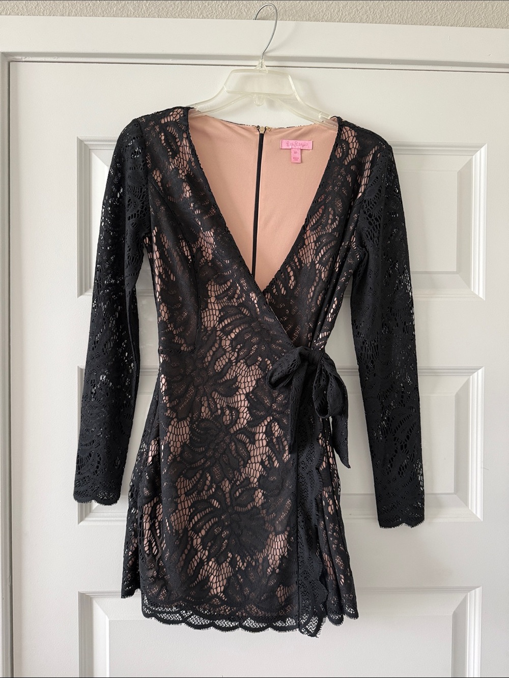 Lilly Pulitzer Tiki Black Lace Wrap Romper with Nude Lining
